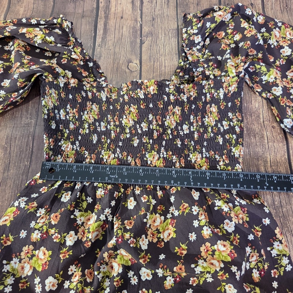 Listicle Dress Women L Brown Long Sleeve Open Tie Back Smock Bodice Cottagecore - Picture 3 of 11